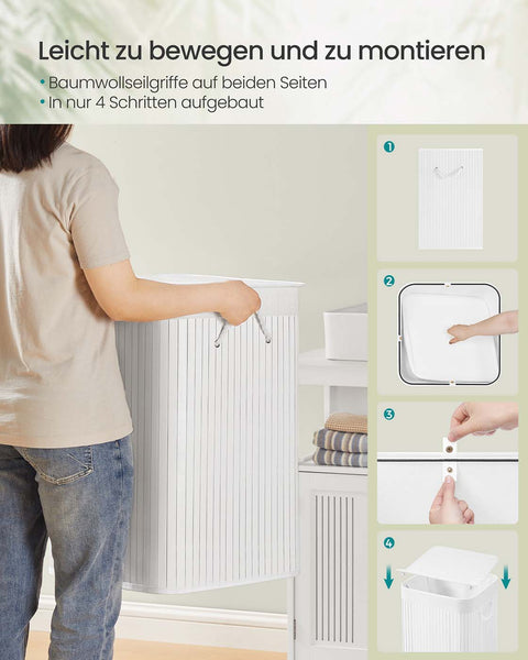 Rootz White Bamboo Washing Basket - Laundry Hamper - Storage Bin - Lightweight Bamboo Design - 40cm x 40cm x 61cm