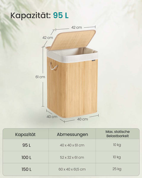 Rootz Bamboo Laundry Basket - Washing Basket - Clothes Hamper - Eco-Friendly - 40cm x 40cm x 61cm