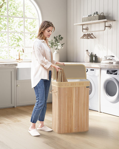 Rootz Bamboo Laundry Basket - Hamper - Storage Bin - Stylish Design - 31.5cm x 42.5cm x 61cm - Lightweight - Natural Beige