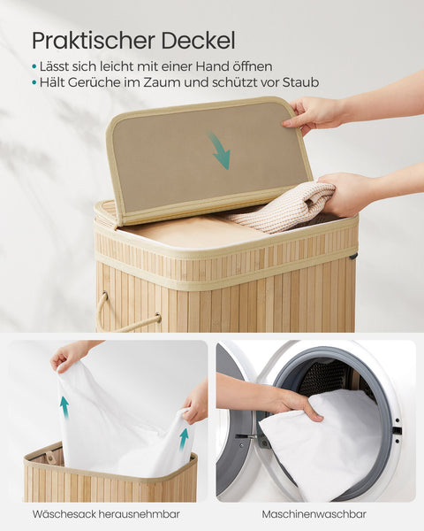 Rootz Bamboo Laundry Basket - Hamper - Storage Bin - Stylish Design - 31.5cm x 42.5cm x 61cm - Lightweight - Natural Beige