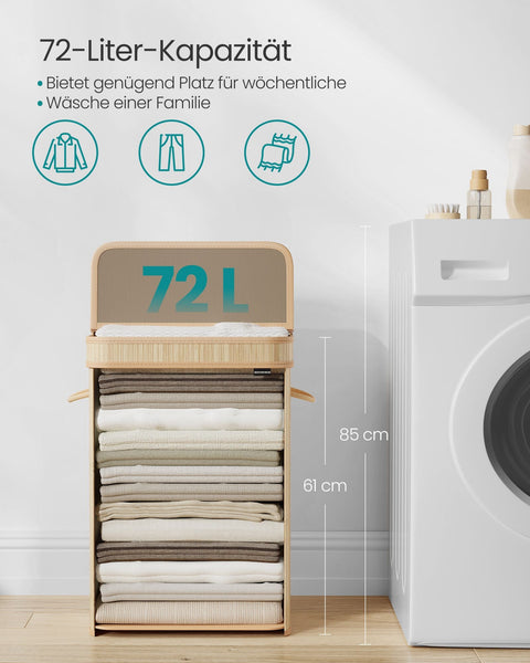 Rootz Bamboo Laundry Basket - Hamper - Storage Bin - Stylish Design - 31.5cm x 42.5cm x 61cm - Lightweight - Natural Beige