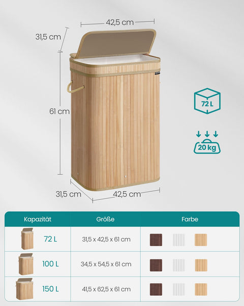 Rootz Bamboo Laundry Basket - Hamper - Storage Bin - Stylish Design - 31.5cm x 42.5cm x 61cm - Lightweight - Natural Beige