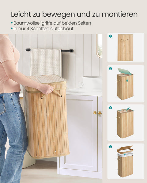 Rootz Bamboo Laundry Basket - Hamper - Storage Bin - Stylish Design - 31.5cm x 42.5cm x 61cm - Lightweight - Natural Beige