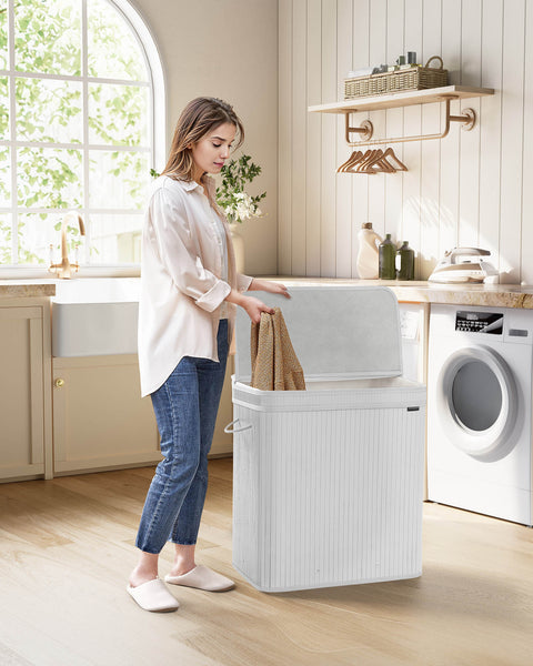 Rootz White Bamboo Laundry Basket - Clothes Hamper - Storage Bin - Lightweight - 41.5cm x 62.5cm x 61cm