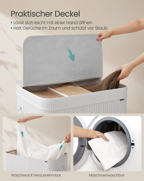 Rootz White Bamboo Laundry Basket - Clothes Hamper - Storage Bin - Lightweight - 41.5cm x 62.5cm x 61cm