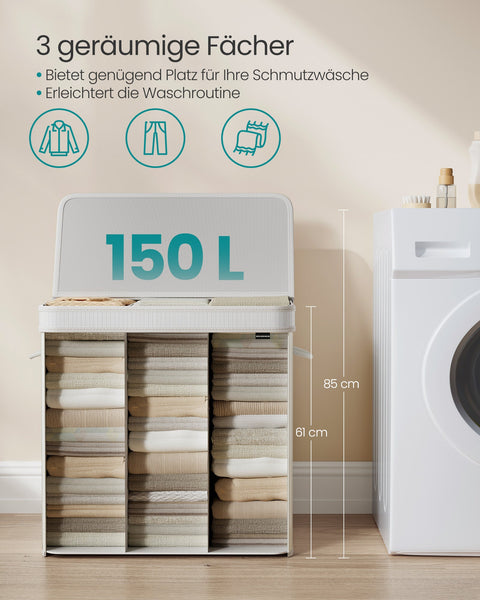 Rootz White Bamboo Laundry Basket - Clothes Hamper - Storage Bin - Lightweight - 41.5cm x 62.5cm x 61cm