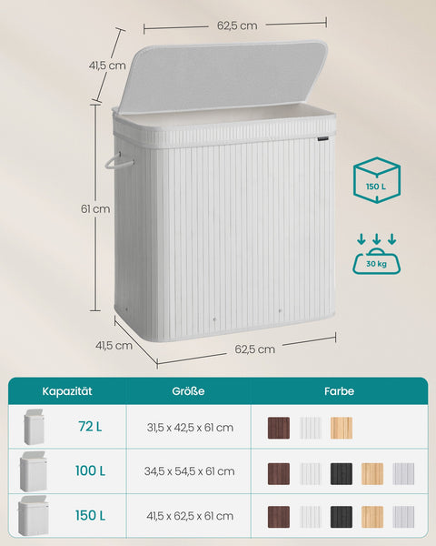 Rootz White Bamboo Laundry Basket - Clothes Hamper - Storage Bin - Lightweight - 41.5cm x 62.5cm x 61cm