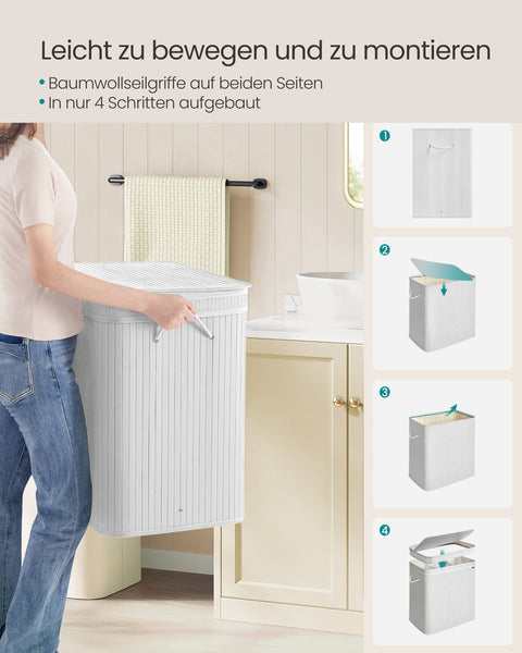 Rootz White Bamboo Laundry Basket - Clothes Hamper - Storage Bin - Lightweight - 41.5cm x 62.5cm x 61cm