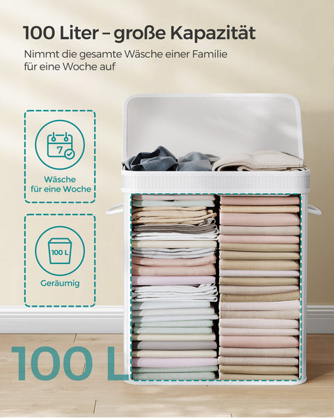 Rootz White Bamboo Laundry Basket - Hamper - Clothes Storage - Eco-Friendly - Lightweight - Durable - 54.5cm x 34.5cm x 61cm