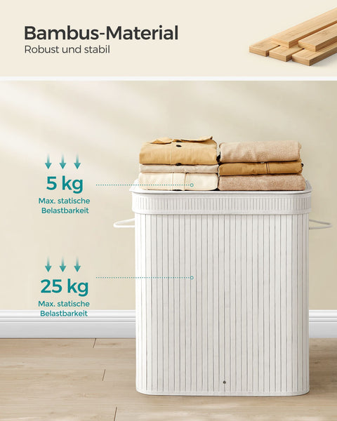 Rootz White Bamboo Laundry Basket - Hamper - Clothes Storage - Eco-Friendly - Lightweight - Durable - 54.5cm x 34.5cm x 61cm