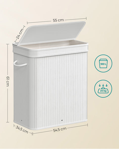 Rootz White Bamboo Laundry Basket - Hamper - Clothes Storage - Eco-Friendly - Lightweight - Durable - 54.5cm x 34.5cm x 61cm