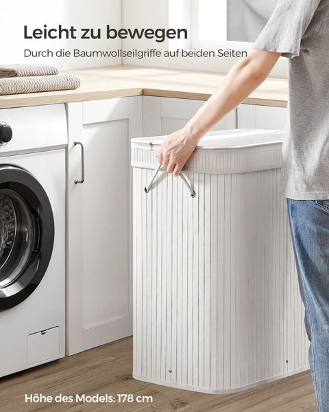 Rootz White Bamboo Laundry Basket - Hamper - Clothes Storage - Eco-Friendly - Lightweight - Durable - 54.5cm x 34.5cm x 61cm