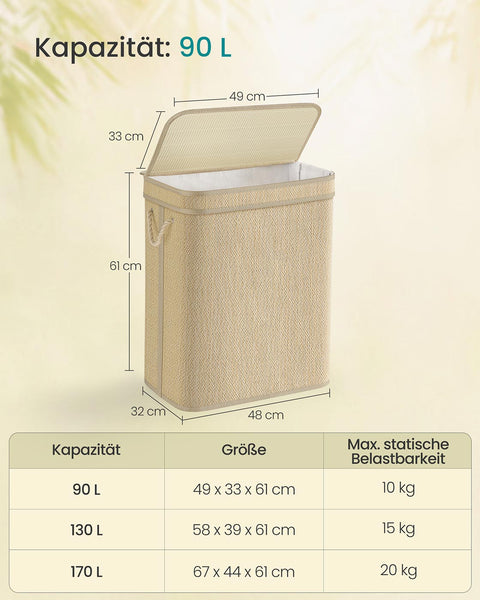 Rootz Bamboo Washing Basket - Laundry Hamper - Clothes Storage Bin - Sustainably Made - 49cm x 33cm x 61cm