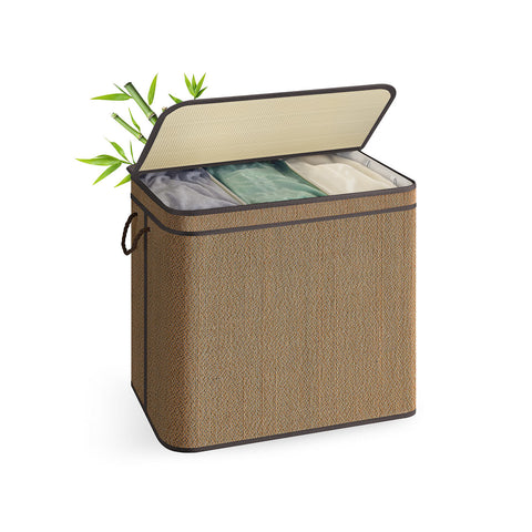 Rootz Brown Bamboo Laundry Basket - Clothing Hamper - Washing Bin - Polyester Cotton - 67cm x 44cm x 61cm