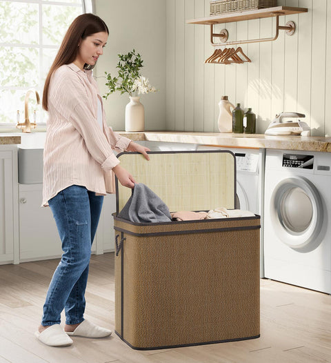 Rootz Brown Bamboo Laundry Basket - Clothing Hamper - Washing Bin - Polyester Cotton - 67cm x 44cm x 61cm