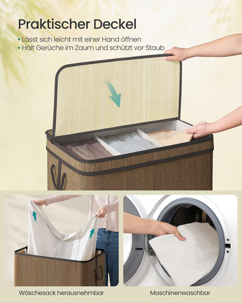 Rootz Brown Bamboo Laundry Basket - Clothing Hamper - Washing Bin - Polyester Cotton - 67cm x 44cm x 61cm