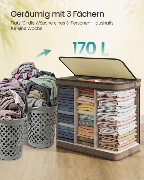 Rootz Brown Bamboo Laundry Basket - Clothing Hamper - Washing Bin - Polyester Cotton - 67cm x 44cm x 61cm