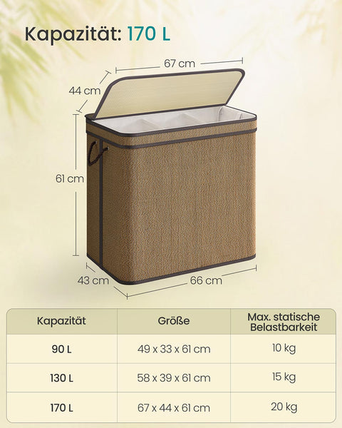 Rootz Brown Bamboo Laundry Basket - Clothing Hamper - Washing Bin - Polyester Cotton - 67cm x 44cm x 61cm