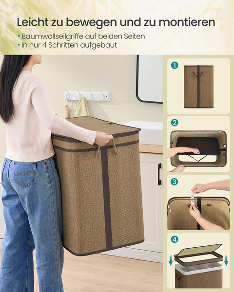 Rootz Brown Bamboo Laundry Basket - Clothing Hamper - Washing Bin - Polyester Cotton - 67cm x 44cm x 61cm