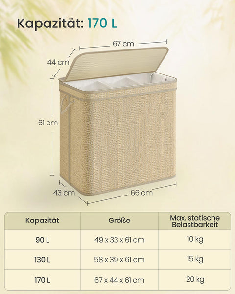 Rootz Bamboo Washing Basket - Laundry Hamper - Storage Bin - Durable and Lightweight - 67cm x 44cm x 61cm