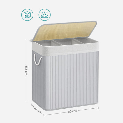 Rootz Laundry Basket - Clothes Organizer - Bamboo Hamper - 3 Compartments - Stylish & Durable - 60cm x 40cm x 61.5cm