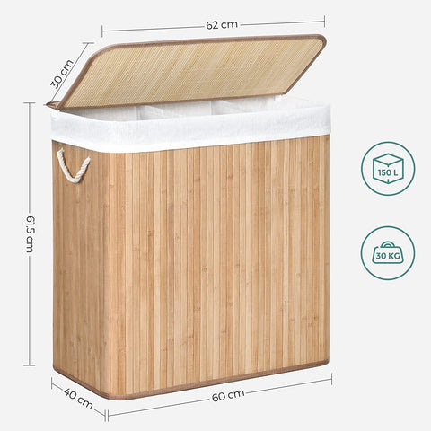 Rootz Bamboo Laundry Basket - Dirty Clothes Hamper - Natural Material - High Stability - Metal Frame - 60cm x 40cm x 61.5cm