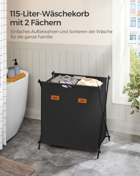 Rootz Portable Washing Basket - Laundry Hamper - Collapsible Bin - 600D Oxford Cloth - Steel Frame - 60cm x 40cm x 66cm - Ink Black
