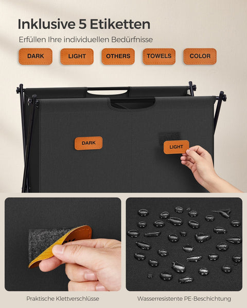 Rootz Portable Washing Basket - Laundry Hamper - Collapsible Bin - 600D Oxford Cloth - Steel Frame - 60cm x 40cm x 66cm - Ink Black