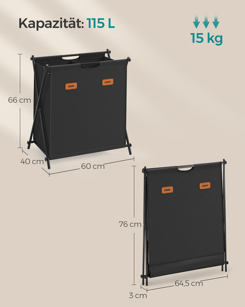 Rootz Portable Washing Basket - Laundry Hamper - Collapsible Bin - 600D Oxford Cloth - Steel Frame - 60cm x 40cm x 66cm - Ink Black