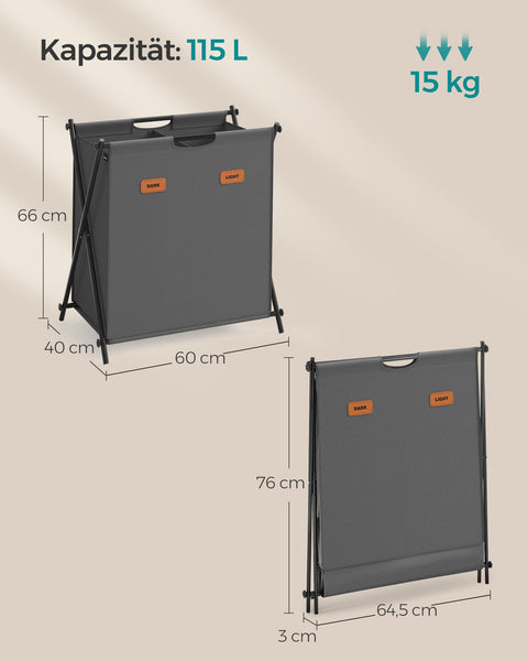 Rootz Multipurpose Washing Basket - Slate Gray Laundry Hamper - Portable Clothes Basket - 600D Oxford Cloth - Steel Frame - 60cm x 40cm x 66cm