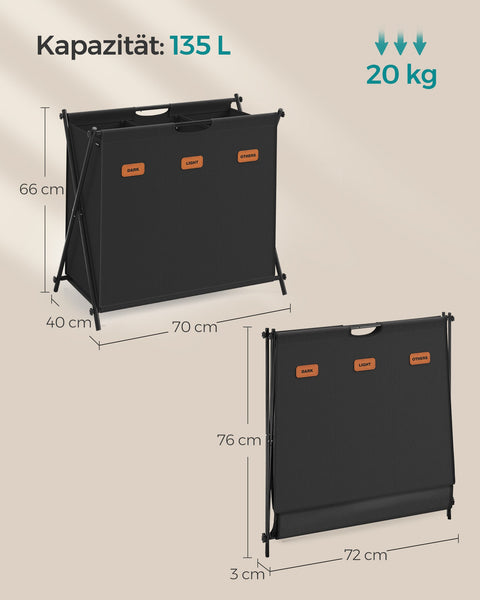 Rootz Portable Laundry Basket - Collapsible Hamper - Fabric Storage Bin - 600D Oxford Cloth - Steel Frame - 70cm x 40cm x 66cm