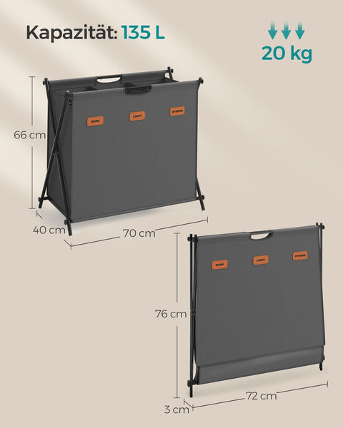 Rootz Folding Laundry Basket - Portable Hamper - Collapsible Bin - Oxford Fabric - Steel Frame - 70cm x 40cm x 66cm