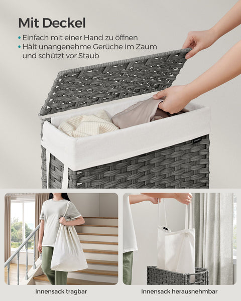 Rootz Rattan Laundry Hamper - Clothes Hamper - Laundry Basket - Steel Frame - Dove Gray - 46cm x 20cm x 61cm