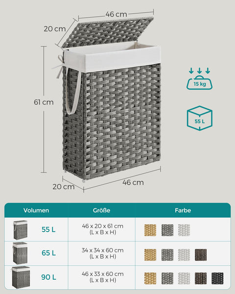 Rootz Rattan Laundry Hamper - Clothes Hamper - Laundry Basket - Steel Frame - Dove Gray - 46cm x 20cm x 61cm