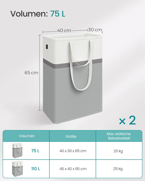 Rootz 2 Pack Laundry Bag Set - Grey Hamper - Multipurpose Storage - Lightweight - 40cm x 30cm x 65cm