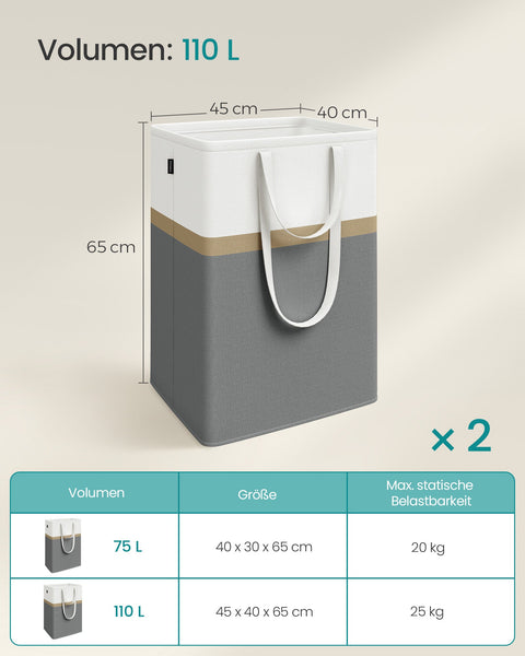 Rootz Laundry Basket 2er Set - Laundry Bin - Laundry Hamper - 110L Capacity - 45cm x 40cm x 65cm -  Grey and white