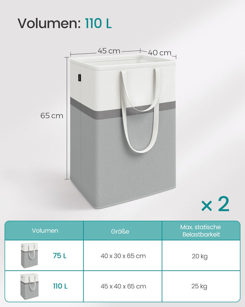 Rootz Set of 2 Dove Gray Laundry Bags - Clothes Hamper - Storage Baskets - Polyester Cotton Fabric - 45cm x 40cm x 65cm