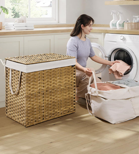 Rootz Rattan Style Washing Basket - Laundry Bin - Storage Hamper - Lightweight & Durable - PP Plastic - 66cm x 40cm x 61cm
