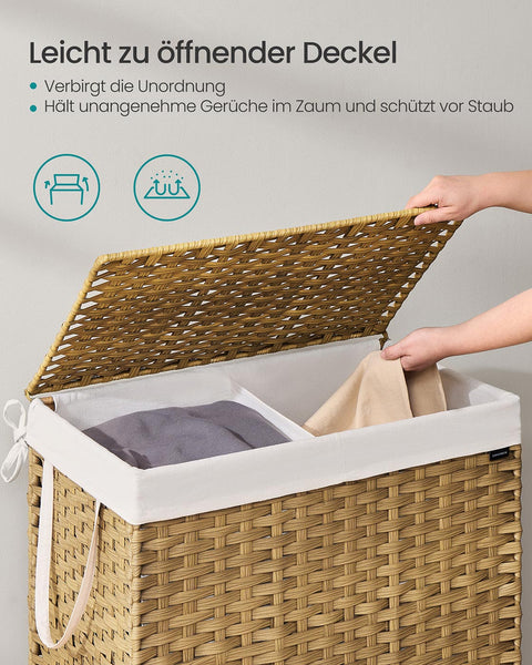 Rootz Rattan Style Washing Basket - Laundry Bin - Storage Hamper - Lightweight & Durable - PP Plastic - 66cm x 40cm x 61cm