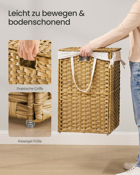 Rootz Rattan Style Washing Basket - Laundry Bin - Storage Hamper - Lightweight & Durable - PP Plastic - 66cm x 40cm x 61cm