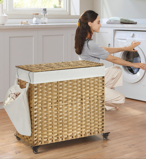 Rootz Handwoven Laundry Basket - Storage Bin - Clothes Hamper - Space-Saving, Durable Metal Frame - 66cm x 33cm x 60cm