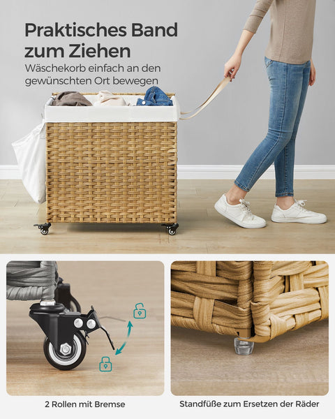 Rootz Handwoven Laundry Basket - Storage Bin - Clothes Hamper - Space-Saving, Durable Metal Frame - 66cm x 33cm x 60cm