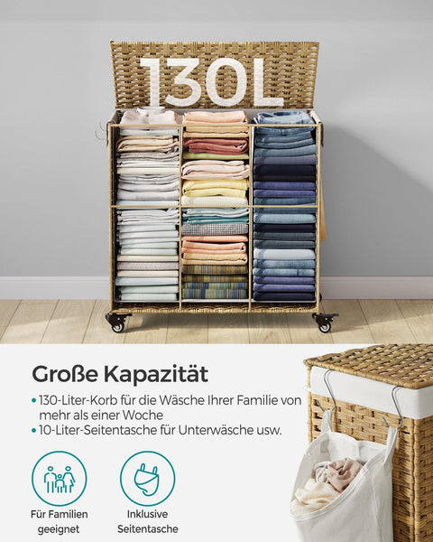 Rootz Handwoven Laundry Basket - Storage Bin - Clothes Hamper - Space-Saving, Durable Metal Frame - 66cm x 33cm x 60cm