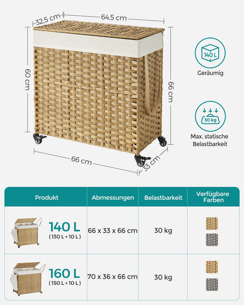 Rootz Handwoven Laundry Basket - Storage Bin - Clothes Hamper - Space-Saving, Durable Metal Frame - 66cm x 33cm x 60cm
