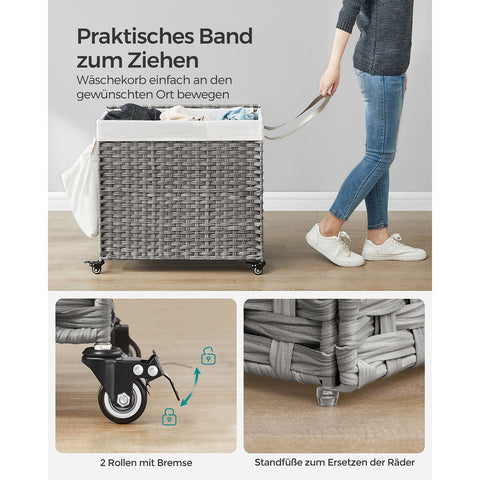 Rootz Large Laundry Basket - Clothes Hamper - Washing Bin - Durable & Spacious - 70cm x 36cm x 66cm