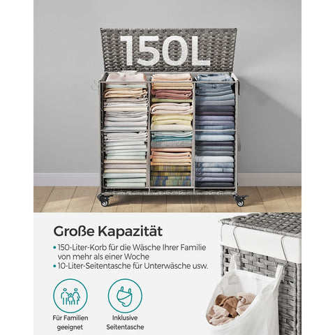 Rootz Large Laundry Basket - Clothes Hamper - Washing Bin - Durable & Spacious - 70cm x 36cm x 66cm