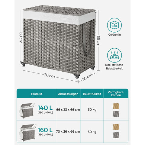 Rootz Gray Laundry Basket - Clothes Hamper - Storage Bin - PP Plastic - Metal Frame - Polyester-Cotton Blend Inner Bag - 70cm x 36cm x 66cm - Lightweight - Durable - Spacious