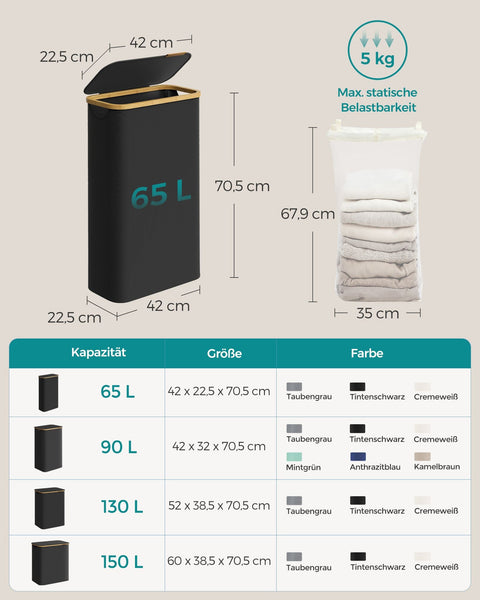 Rootz Portable Folding Laundry Basket - Hamper - Collapsible Storage Bin - 600D Oxford Cloth - Bamboo Frame - Lightweight - 42cm x 22.5cm x 70.5cm