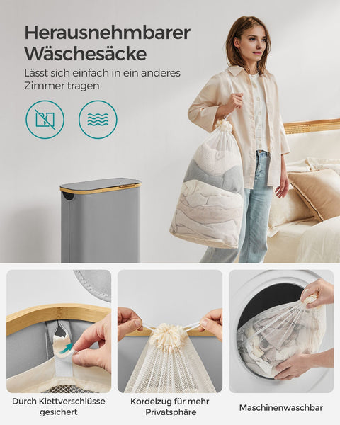 Rootz 60L Laundry Basket - Clothes Hamper - Grey Lid - Durable Plastic - 42cm x 31cm x 50cm