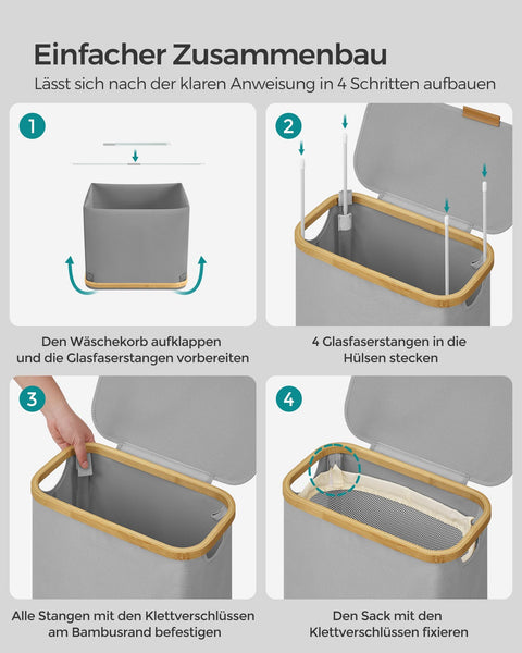 Rootz 60L Laundry Basket - Clothes Hamper - Grey Lid - Durable Plastic - 42cm x 31cm x 50cm